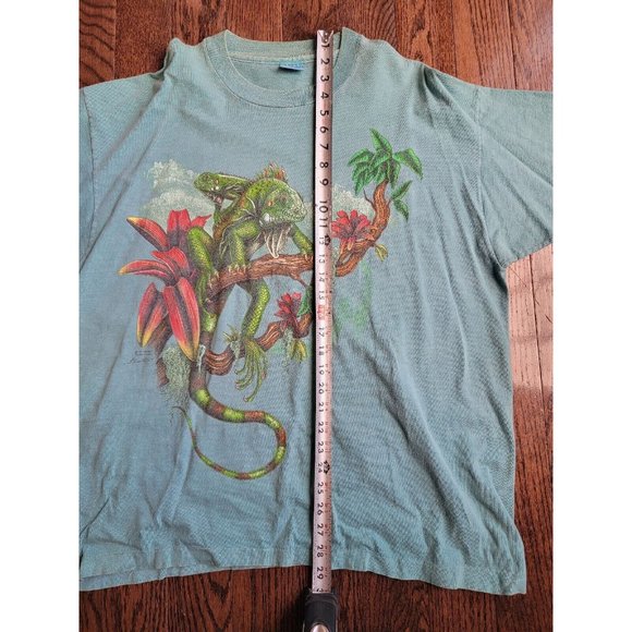 VINTAGE T-Shirt Green 1993 Single Stitch Ken Drewke Iguana Tee Harlequin Nature - Picture 7 of 9
